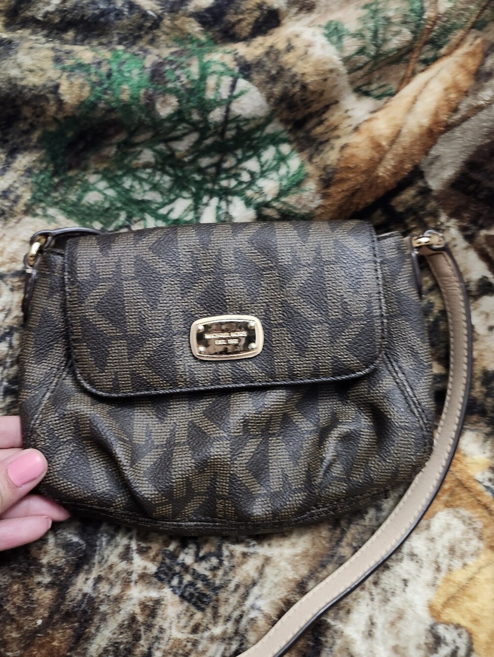 Michael Kors Brown MK Signature Crossbody with Gold Plate